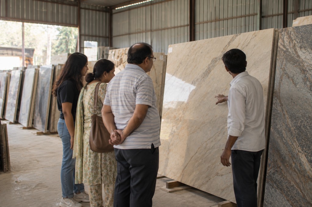 Visitors viewing Marble and Granite slabs at the Balaji Marbles yard